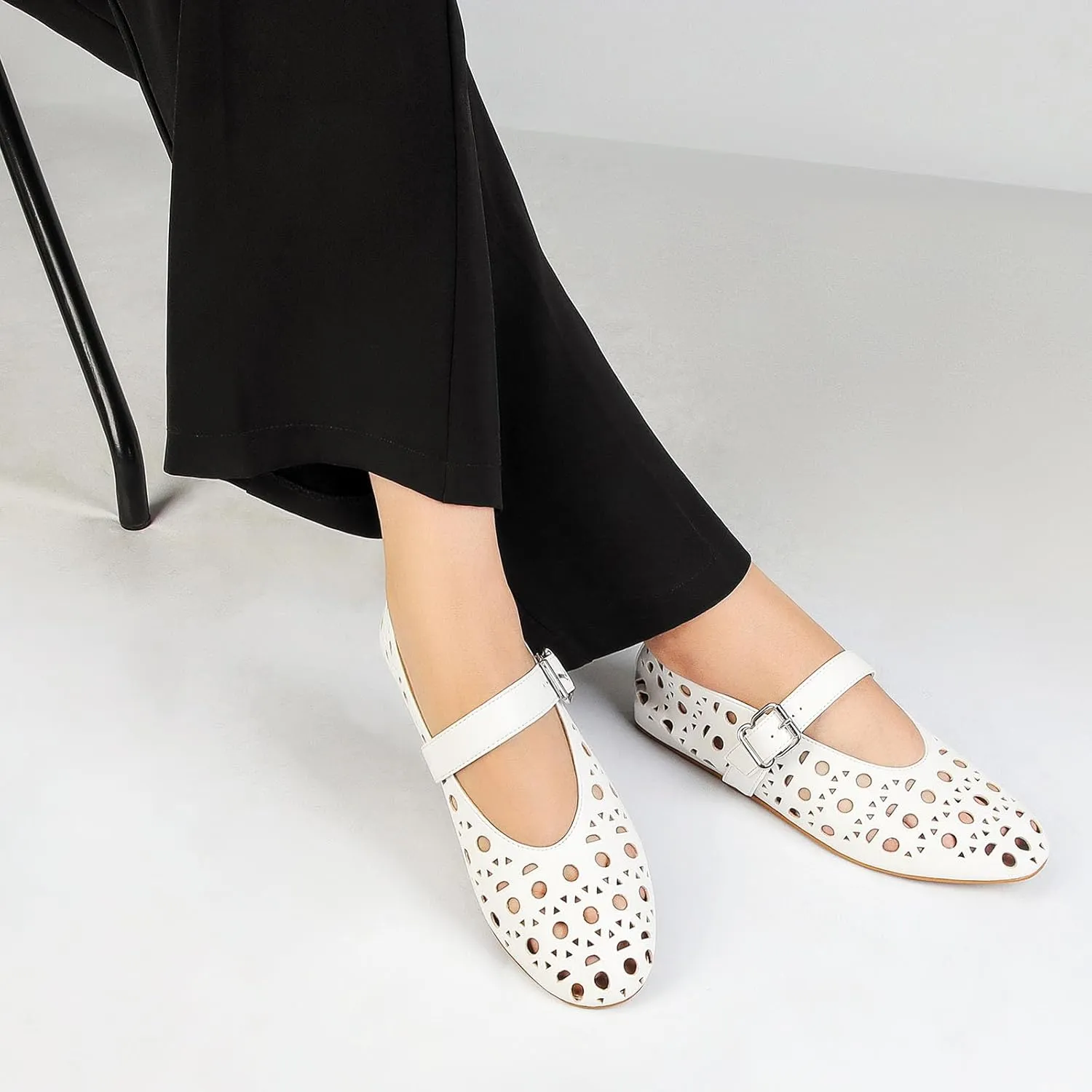 MICIFA Ballet Flats for Women with Buckle Strap Mesh Perforated Metal Studded Mary Jane Comfortable Ballerina Flat Shoes Metallic