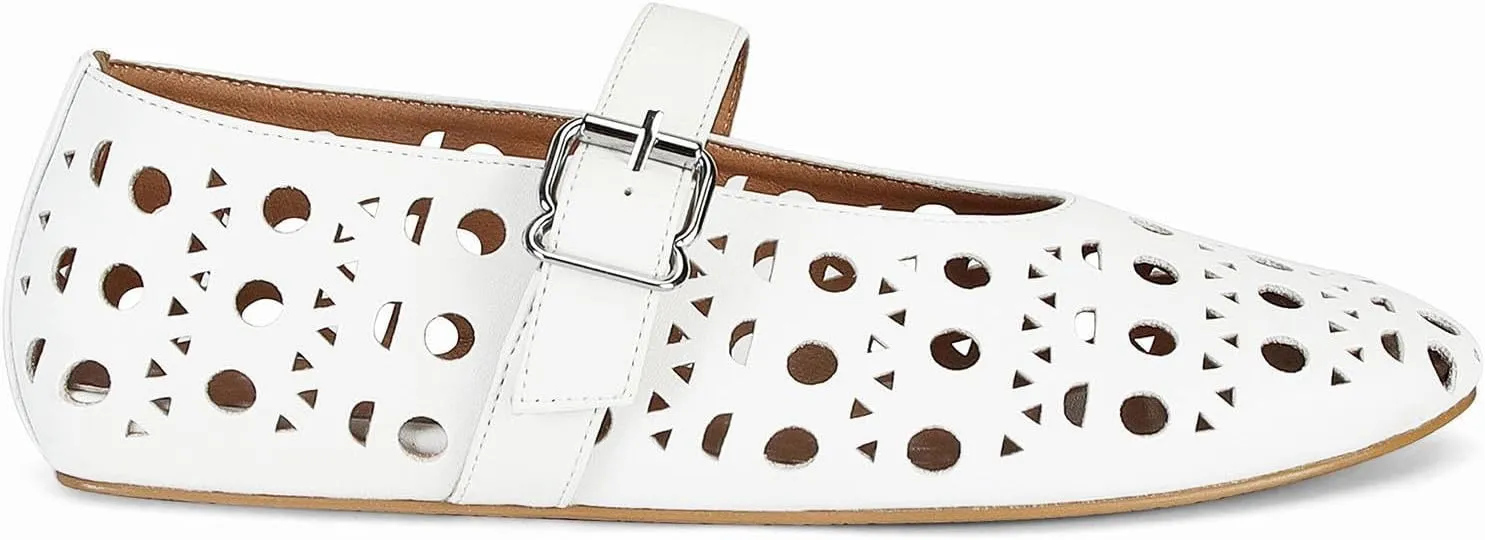 MICIFA Ballet Flats for Women with Buckle Strap Mesh Perforated Metal Studded Mary Jane Comfortable Ballerina Flat Shoes Metallic