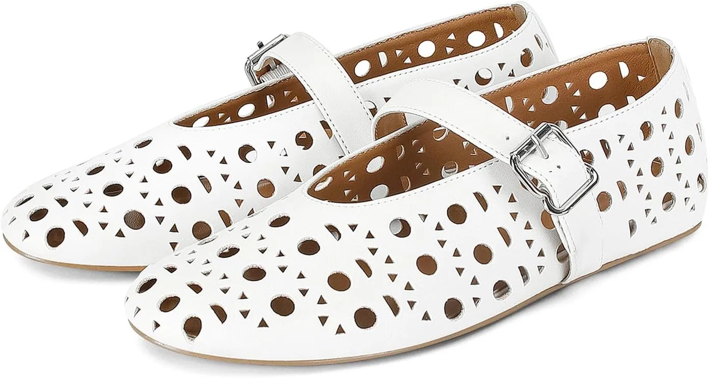 MICIFA Ballet Flats for Women with Buckle Strap Mesh Perforated Metal Studded Mary Jane Comfortable Ballerina Flat Shoes Metallic