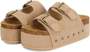 MICIFA Women's Cork Platform Sandals Suede Buckled Flatform Slides Sandals Comfort Footbed Clogs Slides Tan