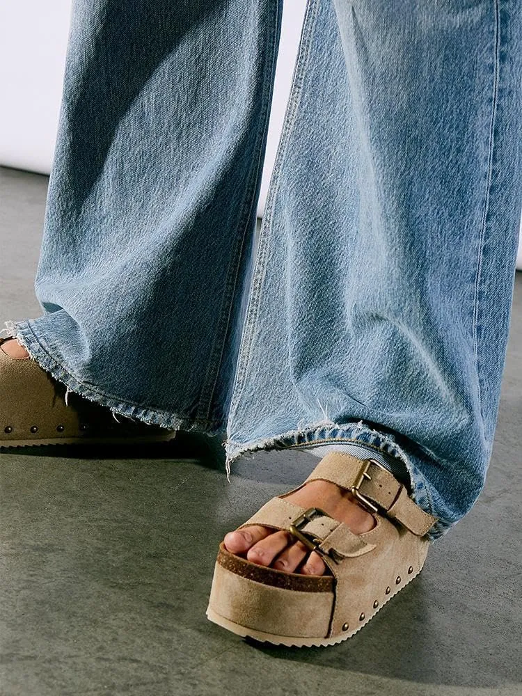 MICIFA Women's Cork Platform Sandals Suede Buckled Flatform Slides Sandals Comfort Footbed Clogs Slides Tan