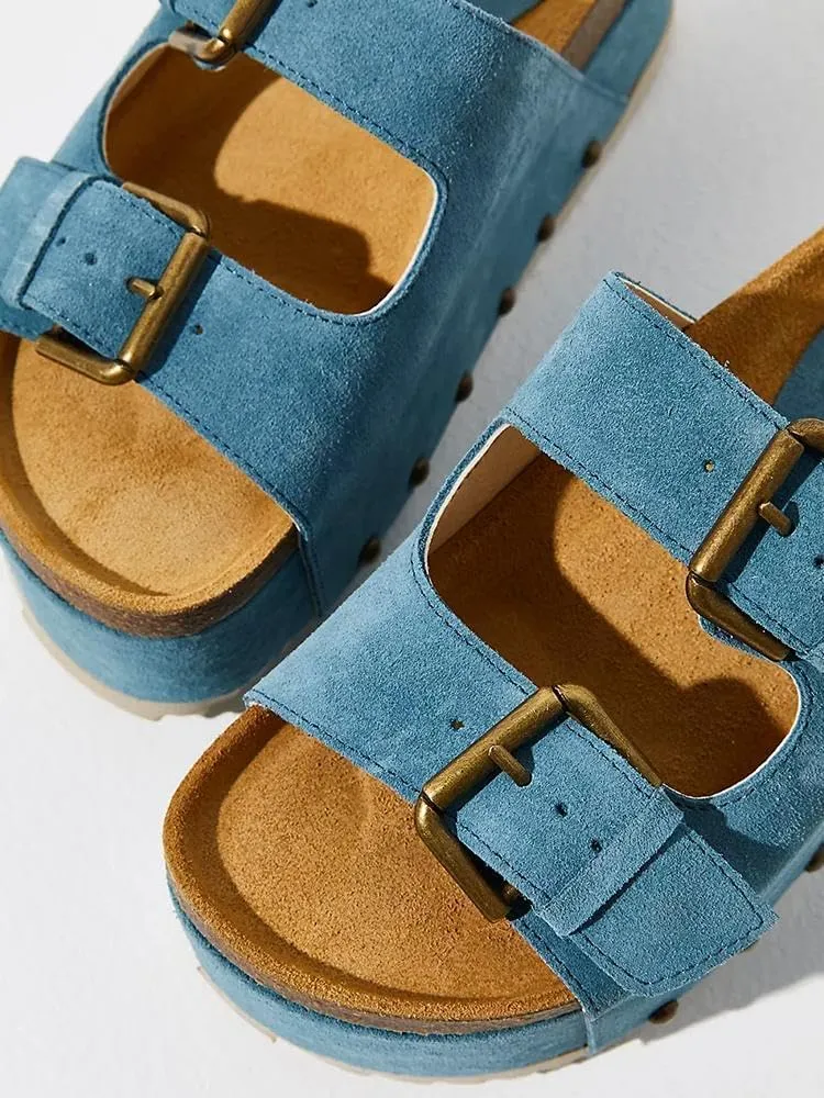 MICIFA Women's Suede Platform Sandals Cork Buckled Band Platform Sandals Clogs Slip On Flatform Slides Shoes