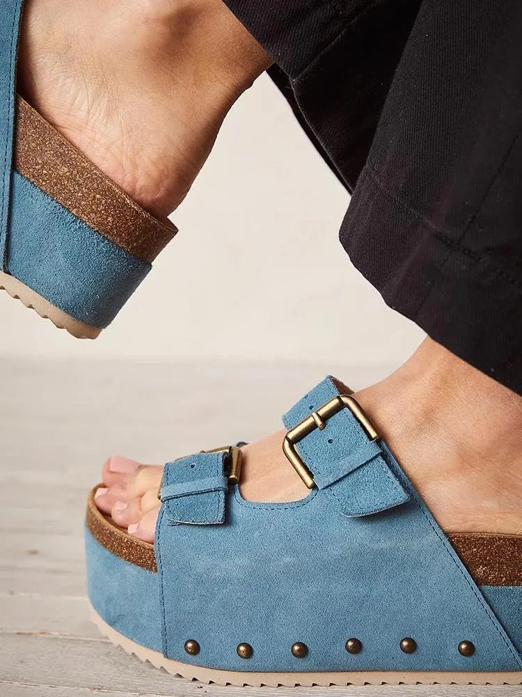 MICIFA Women's Suede Platform Sandals Cork Buckled Band Platform Sandals Clogs Slip On Flatform Slides Shoes