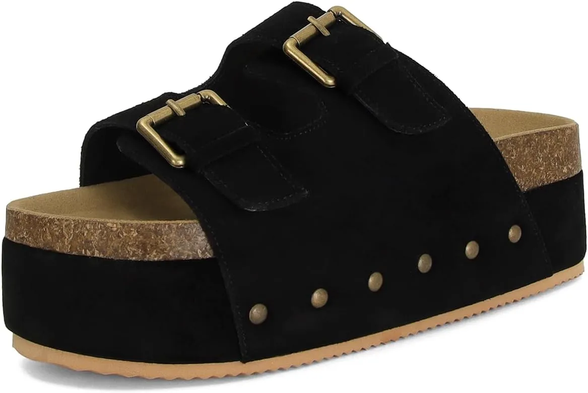 MICIFA Women's Suede Platform Sandals Cork Buckled Band Platform Sandals Clogs Slip On Flatform Slides Shoes