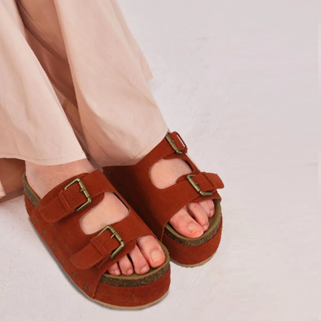 MICIFA Women's Suede Platform Sandals Cork Buckled Band Platform Sandals Clogs Slip On Flatform Slides Shoes