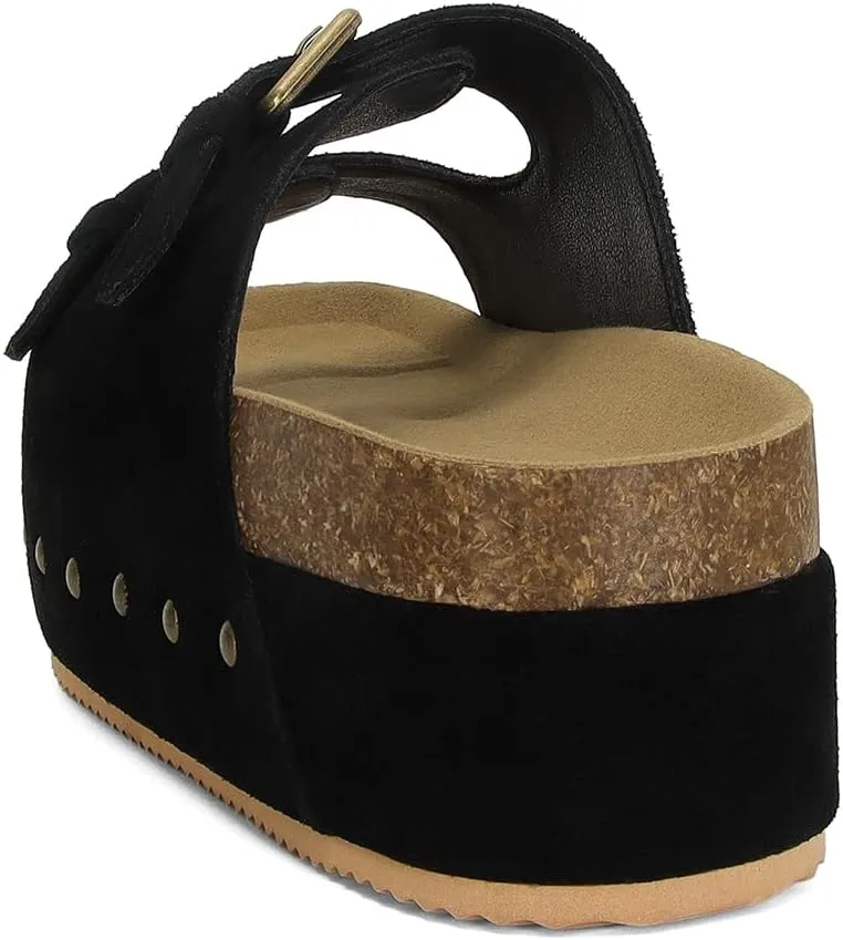 MICIFA Women's Suede Platform Sandals Cork Buckled Band Platform Sandals Clogs Slip On Flatform Slides Shoes