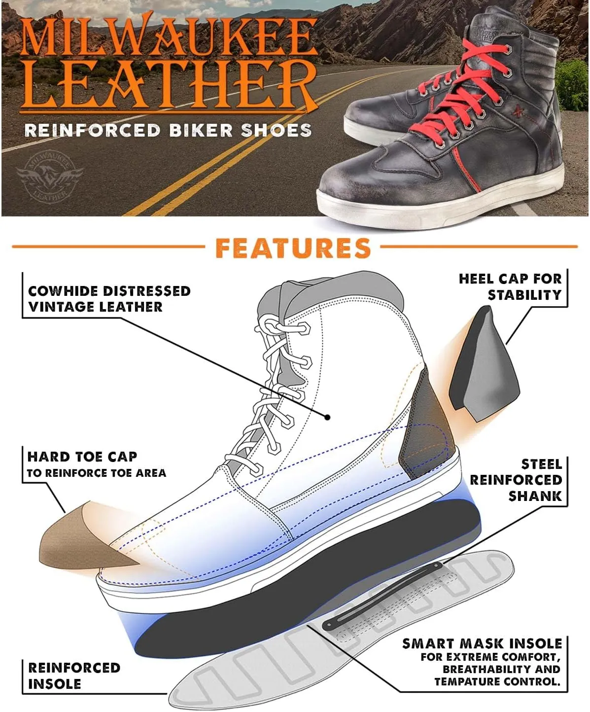 Milwaukee Leather MBM9103 Men's Vintage Leather Brown w/Red Laces High-Top Reinforced Street Riding Casual Shoes - 7.5