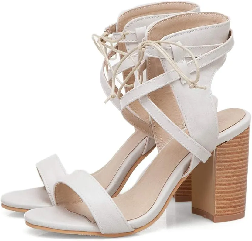 MIOKE Women's Stacked Block High Heel Sandals Open Toe Cutout Lace Up Chunky Heeled Dress Sandal Pumps