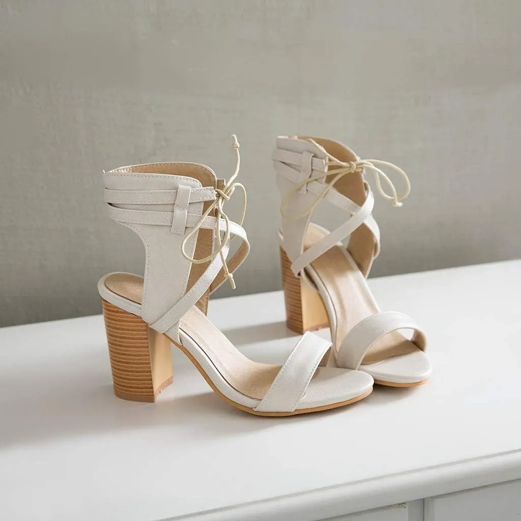 MIOKE Women's Stacked Block High Heel Sandals Open Toe Cutout Lace Up Chunky Heeled Dress Sandal Pumps