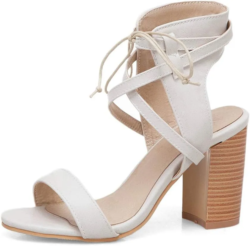 MIOKE Women's Stacked Block High Heel Sandals Open Toe Cutout Lace Up Chunky Heeled Dress Sandal Pumps
