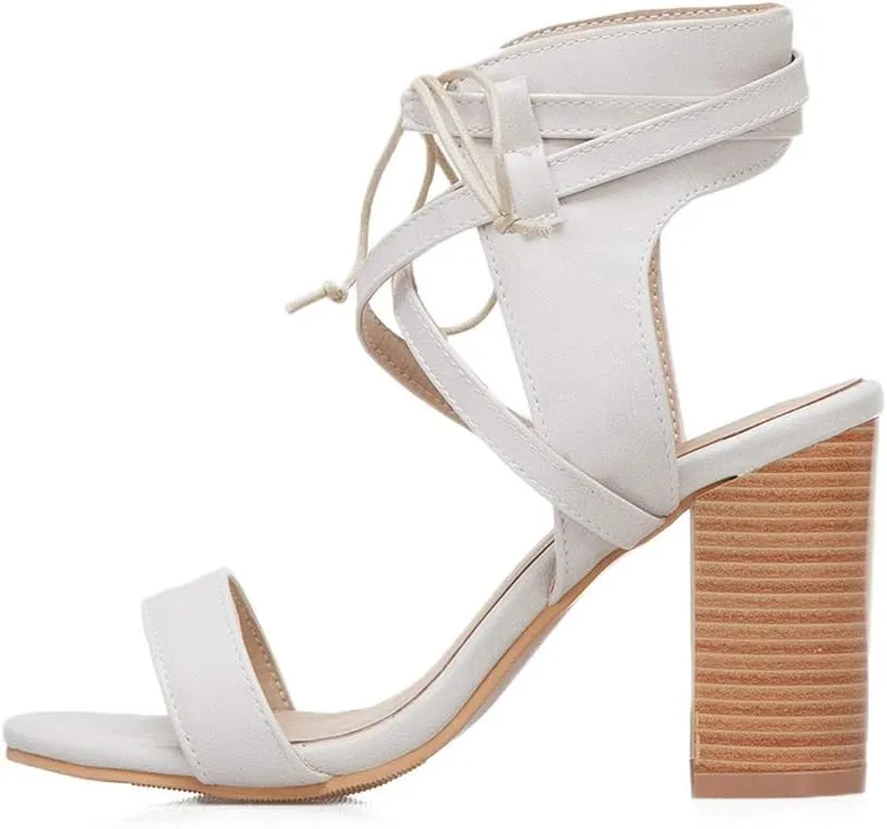 MIOKE Women's Stacked Block High Heel Sandals Open Toe Cutout Lace Up Chunky Heeled Dress Sandal Pumps