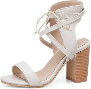 MIOKE Women's Stacked Block High Heel Sandals Open Toe Cutout Lace Up Chunky Heeled Dress Sandal Pumps