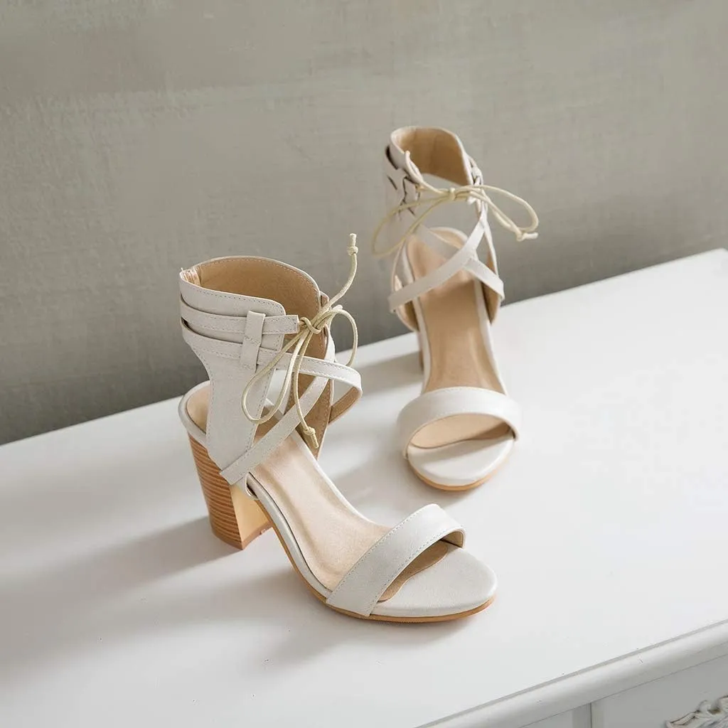 MIOKE Women's Stacked Block High Heel Sandals Open Toe Cutout Lace Up Chunky Heeled Dress Sandal Pumps