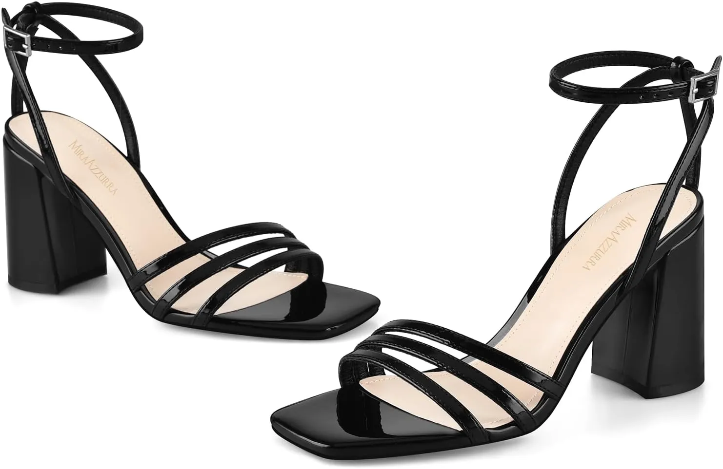 MIRAAZZURRA Womens Heeled Sandals, Square Open Toe Chunky Block Heels with Ankle Strap, for Women Daily Party Dress Comfortable Heels