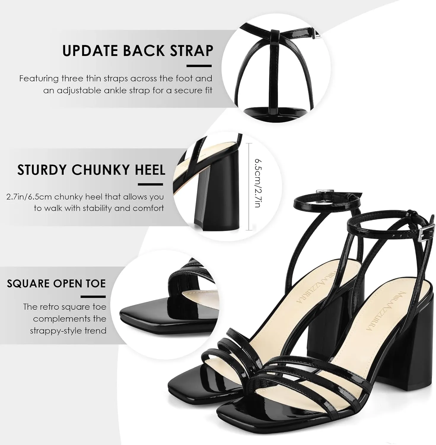 MIRAAZZURRA Womens Heeled Sandals, Square Open Toe Chunky Block Heels with Ankle Strap, for Women Daily Party Dress Comfortable Heels