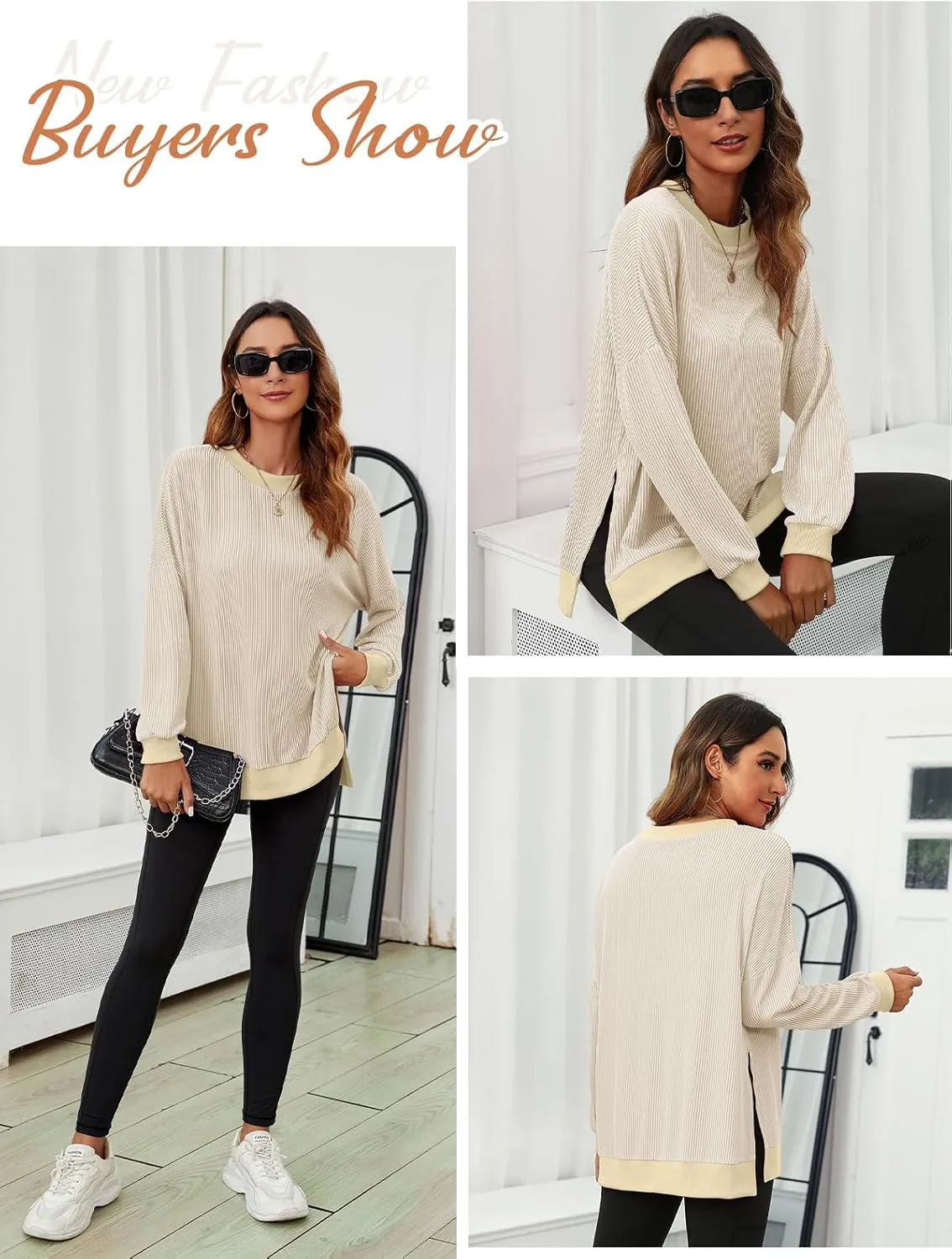 MK Shop Limited Oversized Crewneck Sweatshirts Women Fall Outfits Long Sleeve Knitted Ribbed Lightweight Loose Fit Tunic