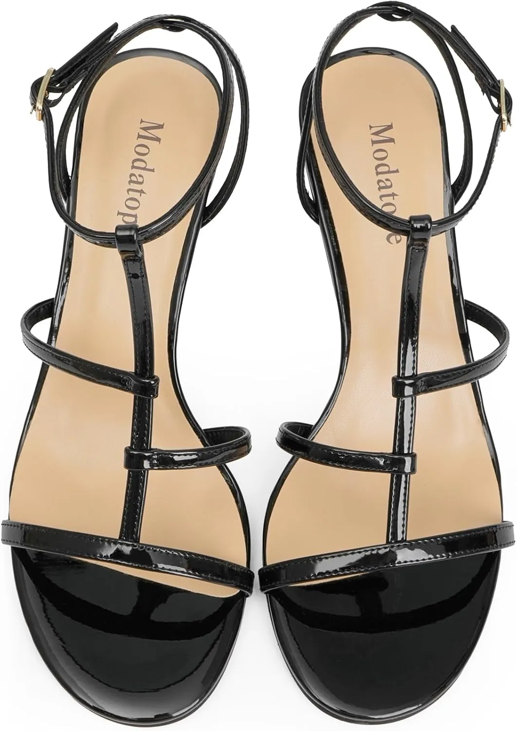 Modatope Womens Strappy Heeled Sandals Open Round Toe T-Strap Kitten Heels for Women