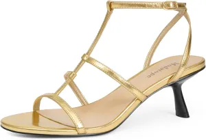 Modatope Womens Strappy Heeled Sandals Open Round Toe T-Strap Kitten Heels for Women