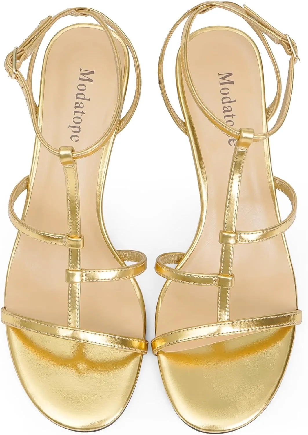 Modatope Womens Strappy Heeled Sandals Open Round Toe T-Strap Kitten Heels for Women