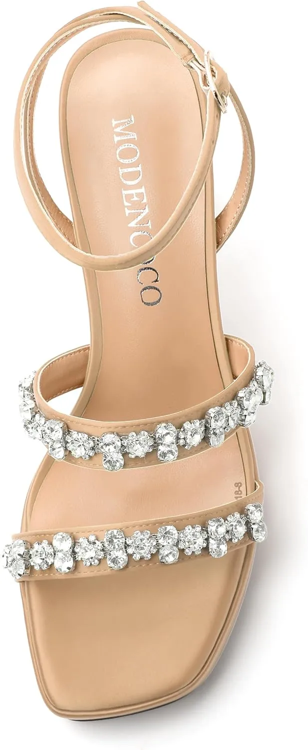 MODENCOCO Platform Heels for Women Heeled Sandals with Rhinestone Strappy Square Toe Block Heel for Wedding Dress Party