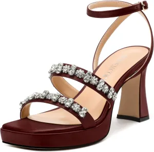 MODENCOCO Platform Heels for Women Heeled Sandals with Rhinestone Strappy Square Toe Block Heel for Wedding Dress Party