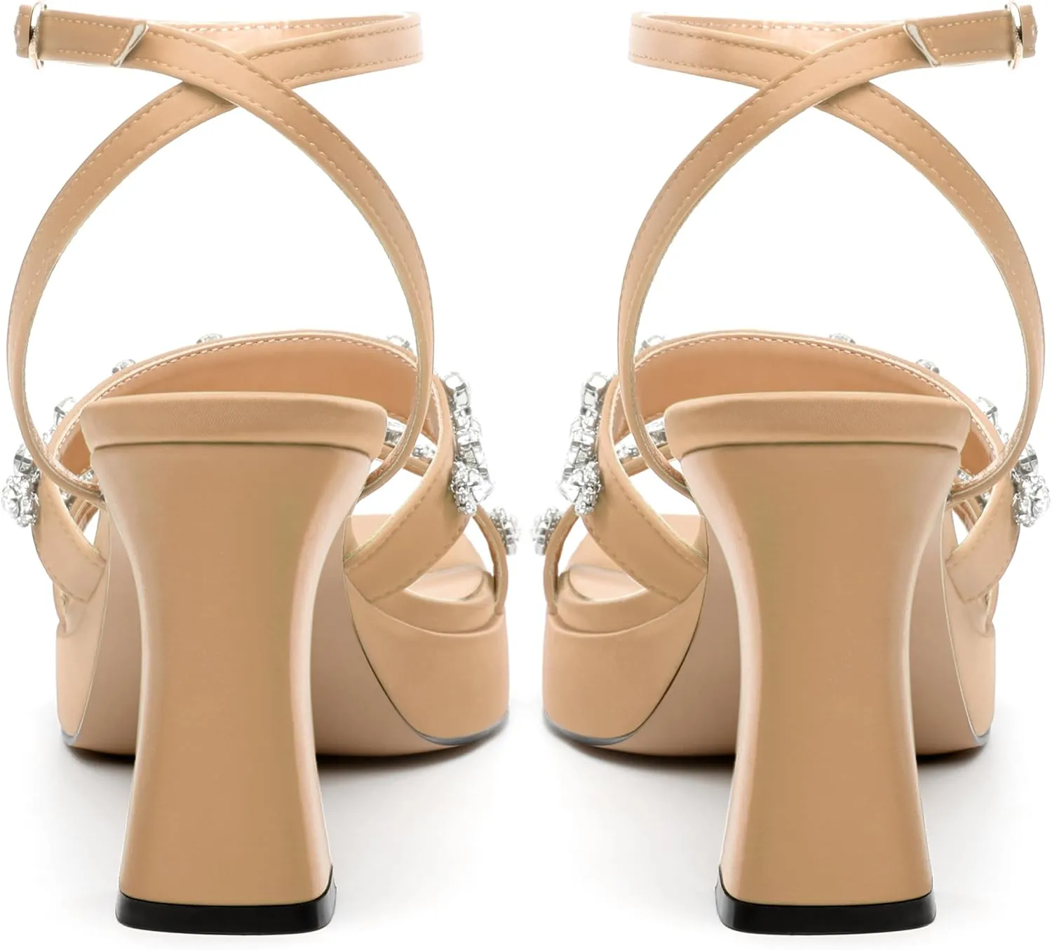MODENCOCO Platform Heels for Women Heeled Sandals with Rhinestone Strappy Square Toe Block Heel for Wedding Dress Party