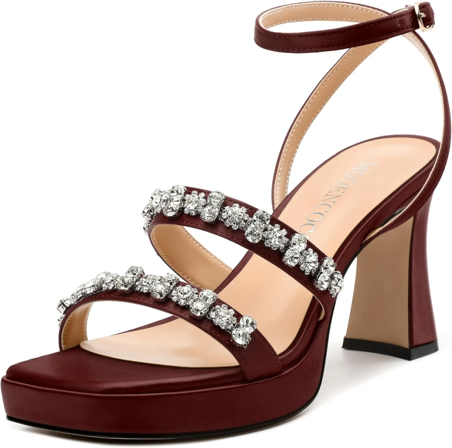 MODENCOCO Platform Heels for Women Heeled Sandals with Rhinestone Strappy Square Toe Block Heel for Wedding Dress Party
