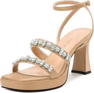 MODENCOCO Platform Heels for Women Heeled Sandals with Rhinestone Strappy Square Toe Block Heel for Wedding Dress Party