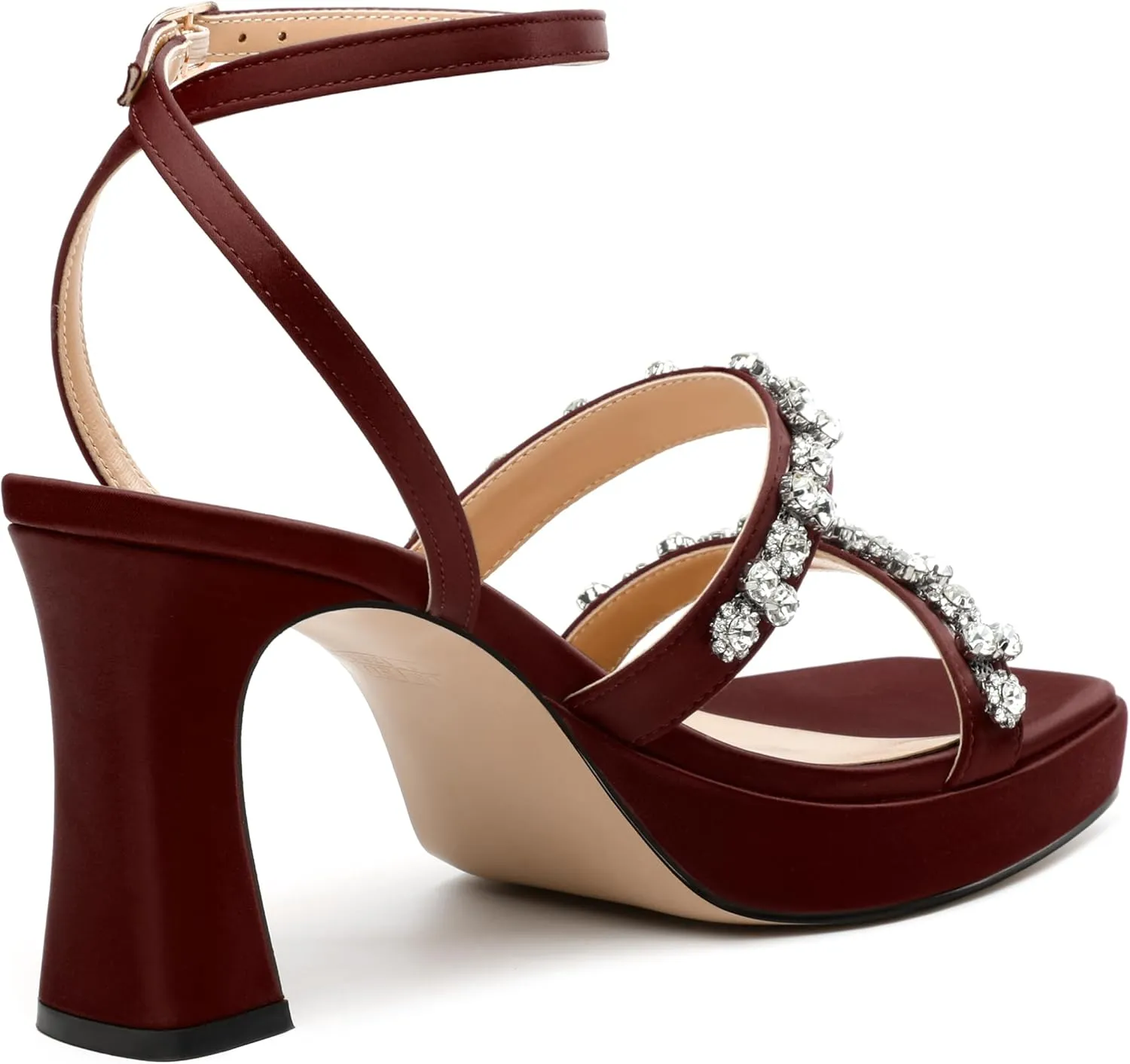 MODENCOCO Platform Heels for Women Heeled Sandals with Rhinestone Strappy Square Toe Block Heel for Wedding Dress Party