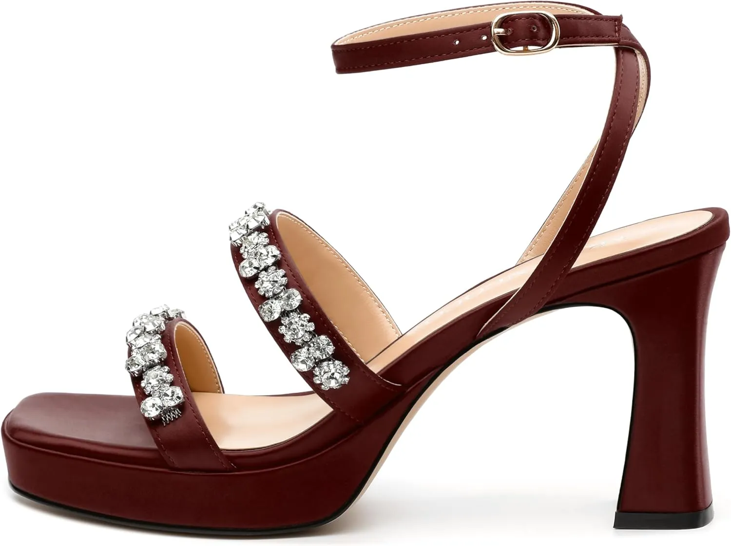 MODENCOCO Platform Heels for Women Heeled Sandals with Rhinestone Strappy Square Toe Block Heel for Wedding Dress Party