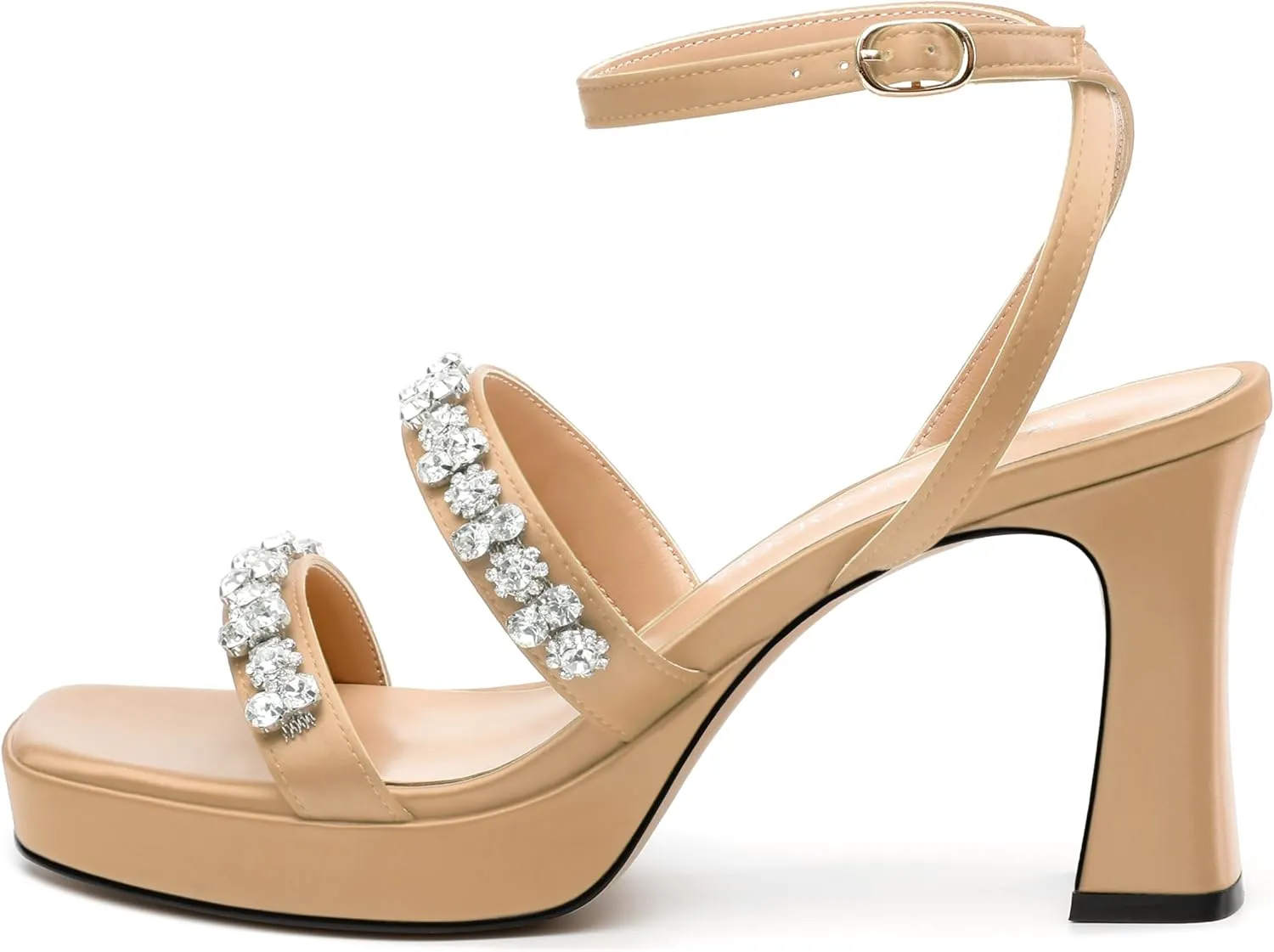 MODENCOCO Platform Heels for Women Heeled Sandals with Rhinestone Strappy Square Toe Block Heel for Wedding Dress Party