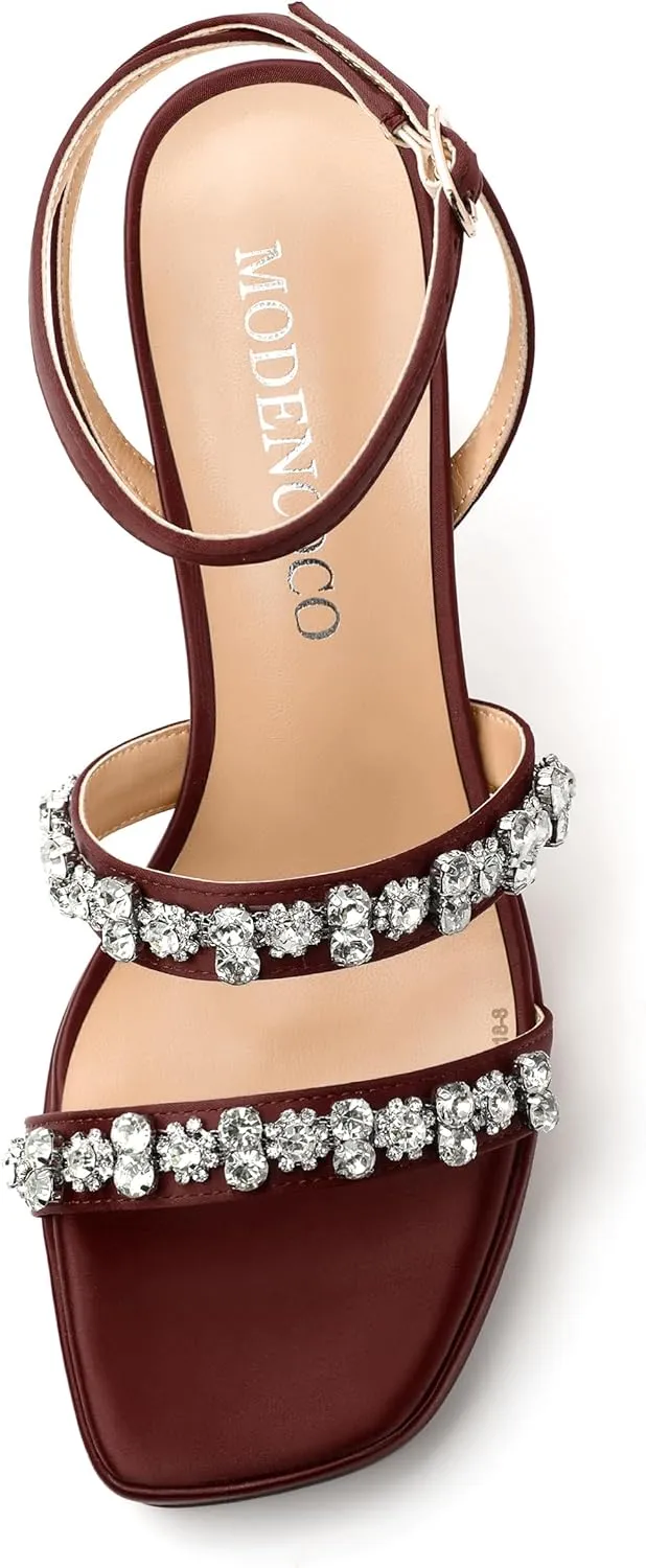 MODENCOCO Platform Heels for Women Heeled Sandals with Rhinestone Strappy Square Toe Block Heel for Wedding Dress Party