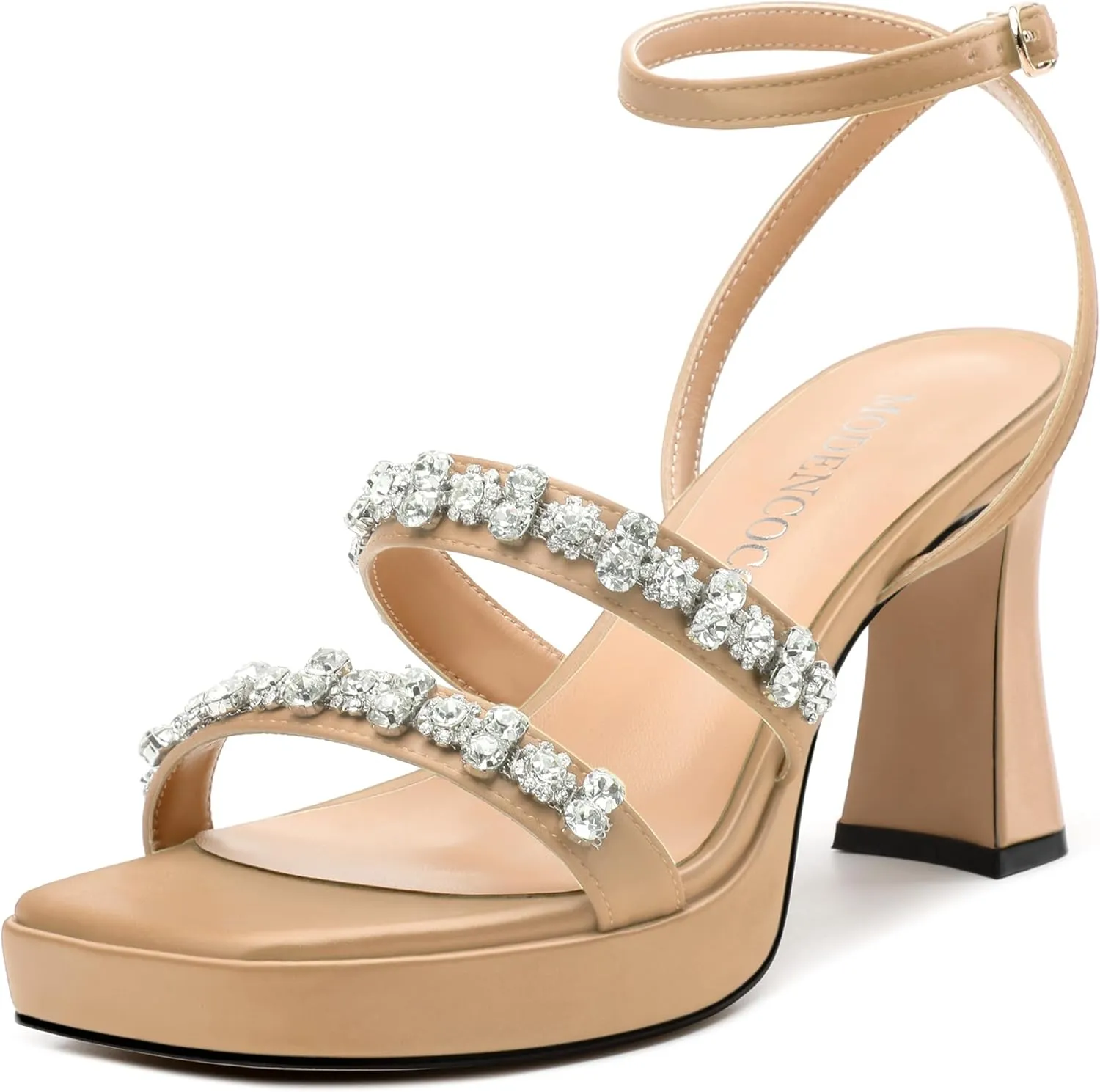 MODENCOCO Platform Heels for Women Heeled Sandals with Rhinestone Strappy Square Toe Block Heel for Wedding Dress Party