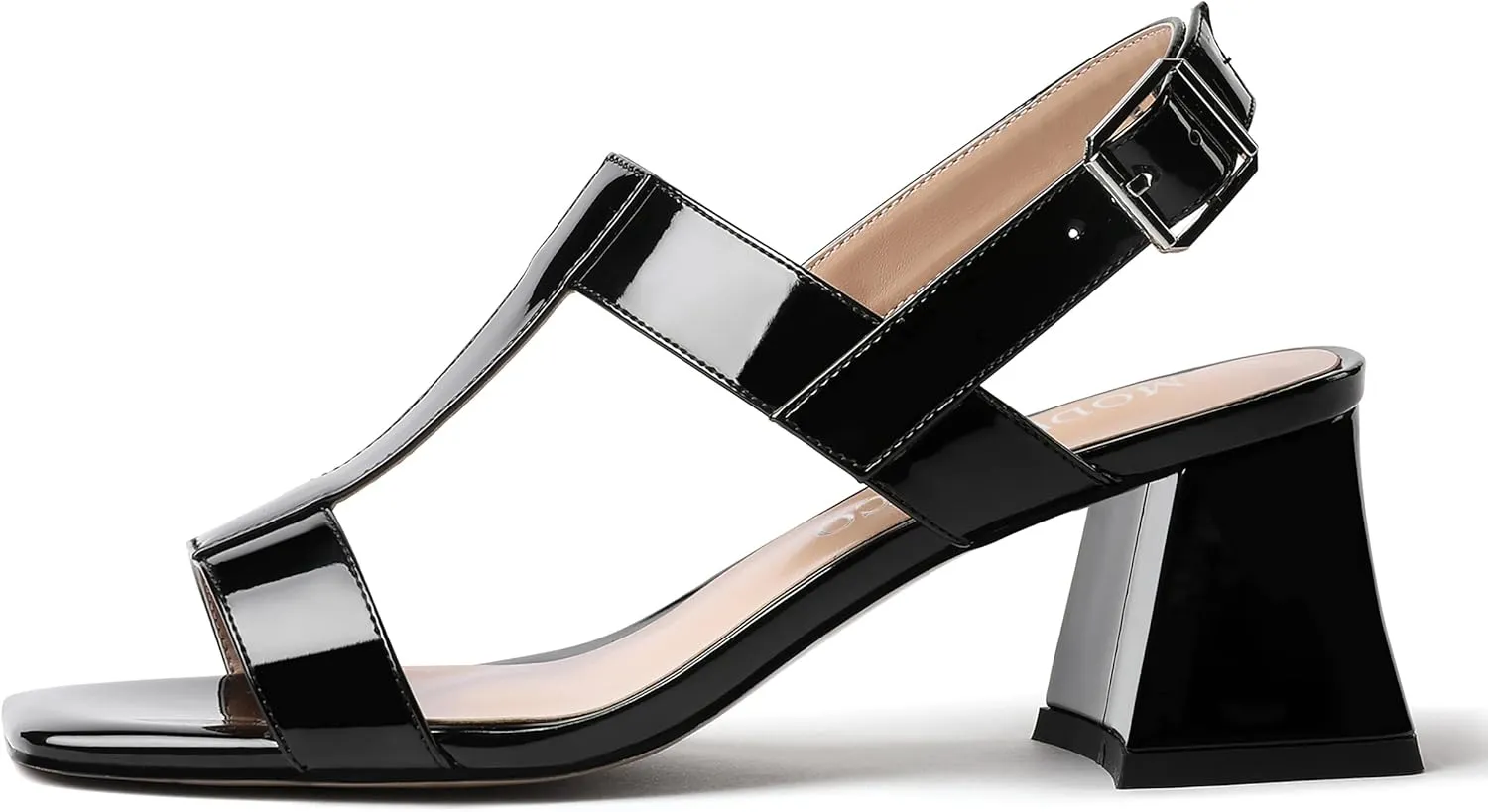 MODENCOCO Women's Strap Buckle Patent Slingback Dating Fashion Square Toe Chunky Low Heel Heeled Sandals 2 Inch