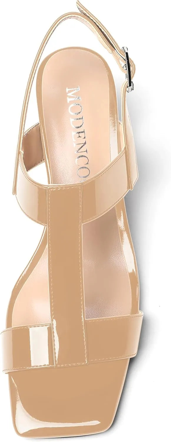 MODENCOCO Women's Strap Buckle Patent Slingback Dating Fashion Square Toe Chunky Low Heel Heeled Sandals 2 Inch
