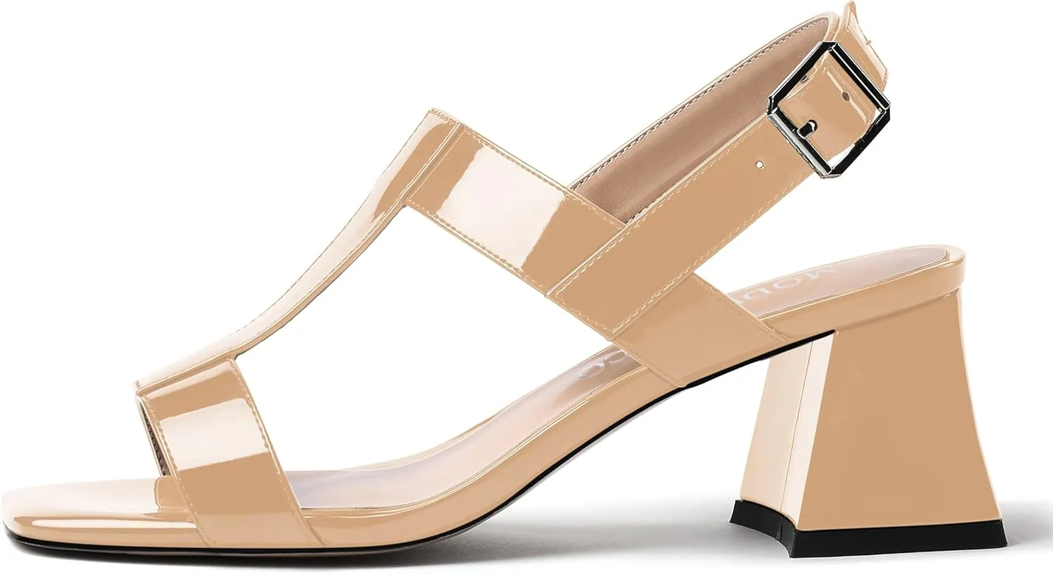 MODENCOCO Women's Strap Buckle Patent Slingback Dating Fashion Square Toe Chunky Low Heel Heeled Sandals 2 Inch