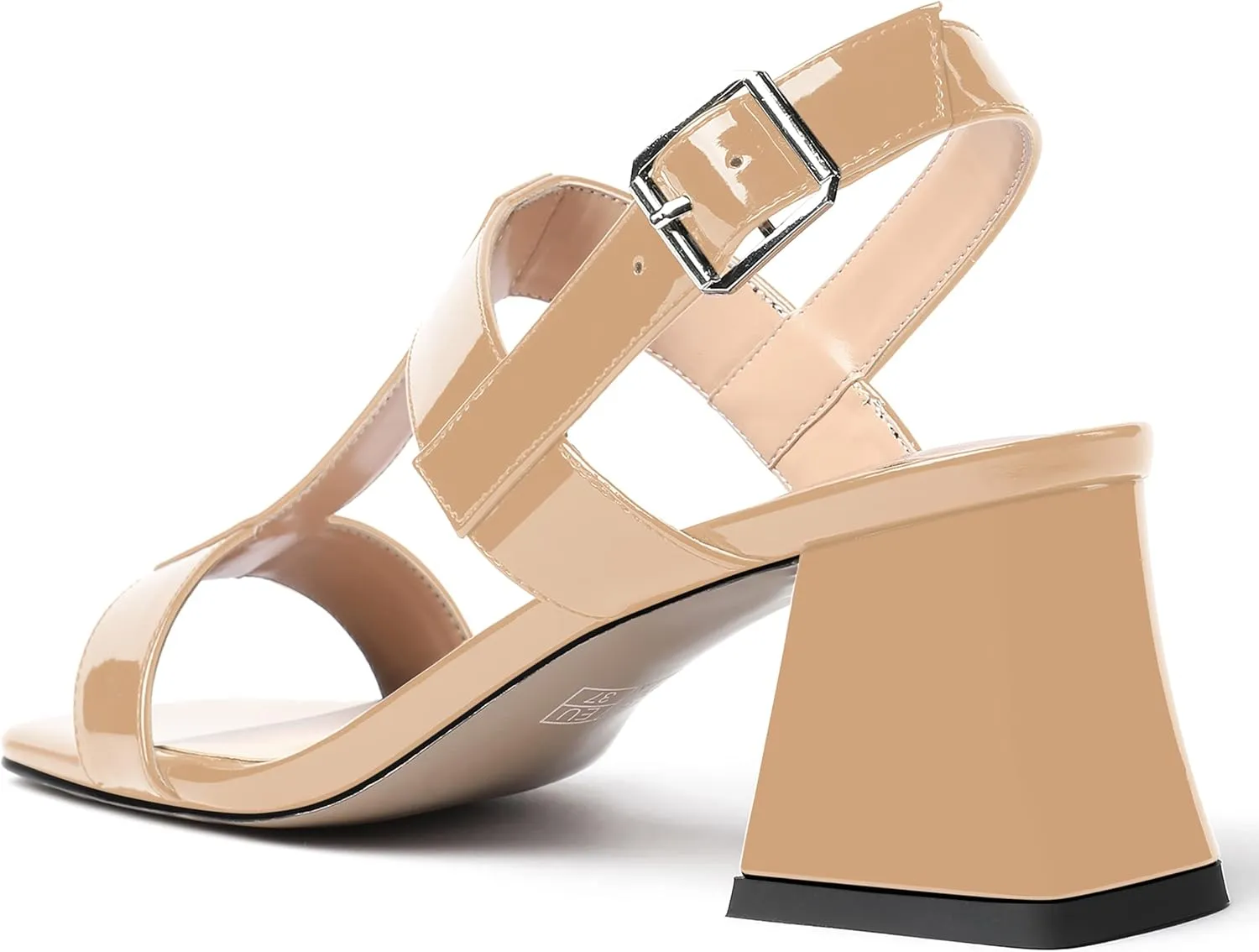 MODENCOCO Women's Strap Buckle Patent Slingback Dating Fashion Square Toe Chunky Low Heel Heeled Sandals 2 Inch