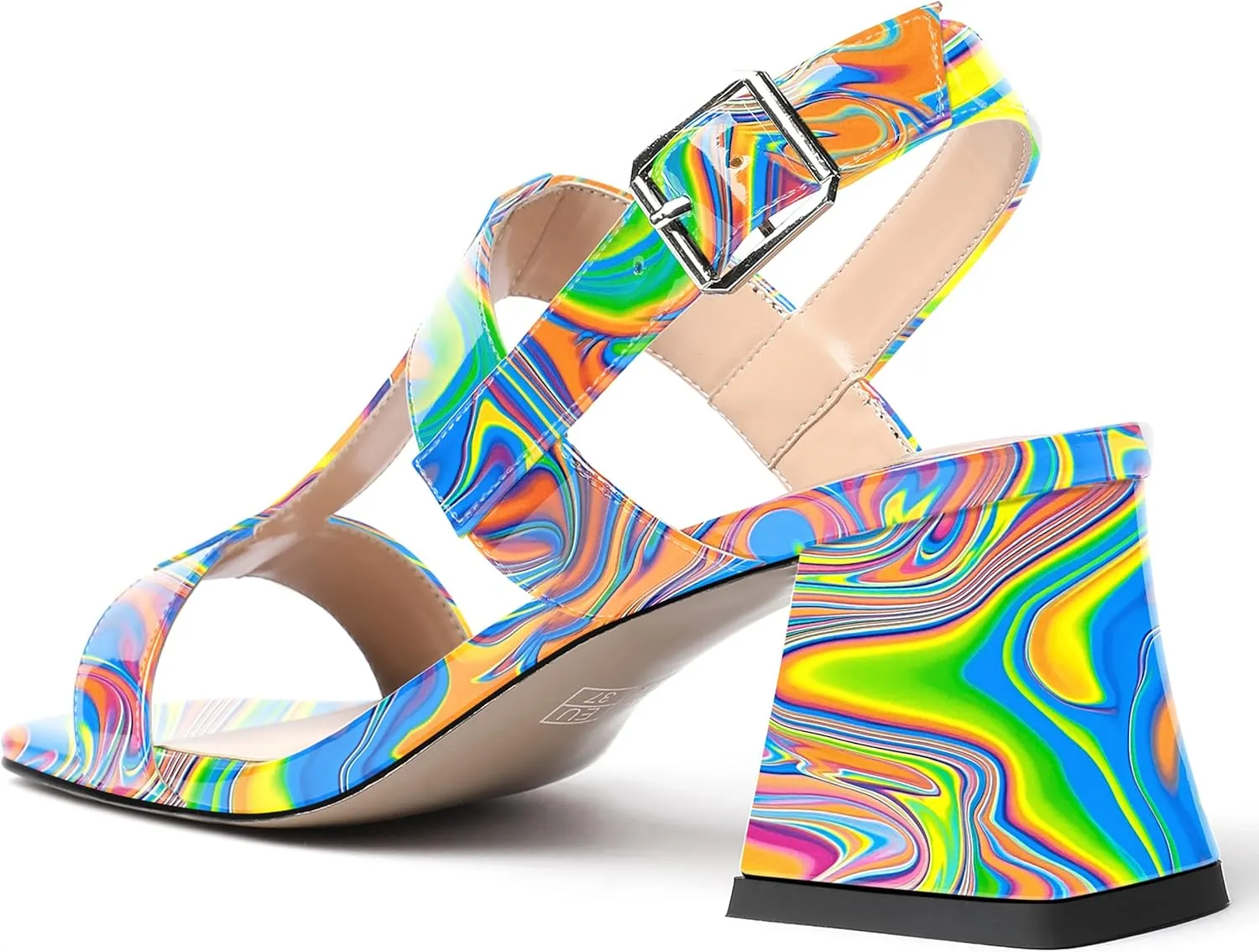 MODENCOCO Women's Strap Buckle Patent Slingback Dating Fashion Square Toe Chunky Low Heel Heeled Sandals 2 Inch