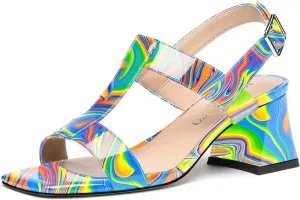 MODENCOCO Women's Strap Buckle Patent Slingback Dating Fashion Square Toe Chunky Low Heel Heeled Sandals 2 Inch