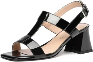 MODENCOCO Women's Strap Buckle Patent Slingback Dating Fashion Square Toe Chunky Low Heel Heeled Sandals 2 Inch