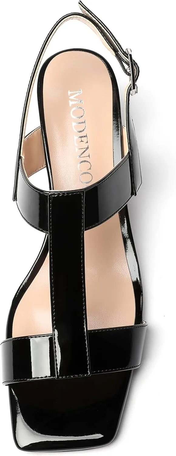 MODENCOCO Women's Strap Buckle Patent Slingback Dating Fashion Square Toe Chunky Low Heel Heeled Sandals 2 Inch
