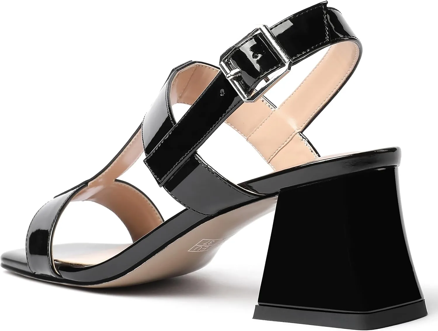 MODENCOCO Women's Strap Buckle Patent Slingback Dating Fashion Square Toe Chunky Low Heel Heeled Sandals 2 Inch