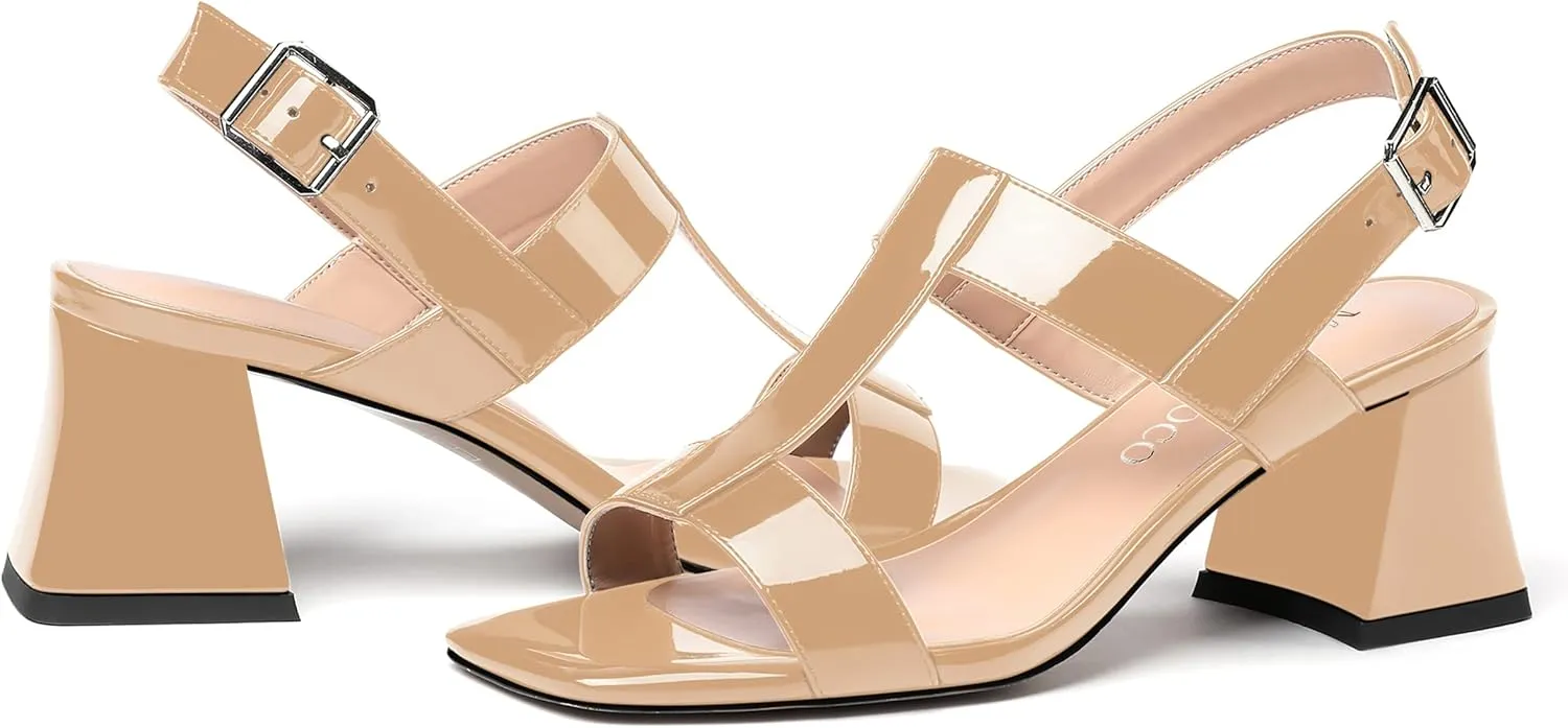 MODENCOCO Women's Strap Buckle Patent Slingback Dating Fashion Square Toe Chunky Low Heel Heeled Sandals 2 Inch