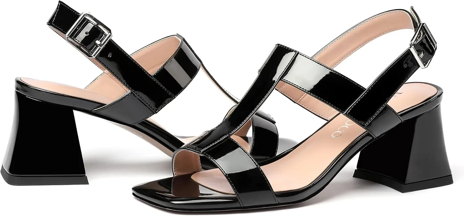 MODENCOCO Women's Strap Buckle Patent Slingback Dating Fashion Square Toe Chunky Low Heel Heeled Sandals 2 Inch