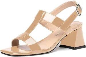 MODENCOCO Women's Strap Buckle Patent Slingback Dating Fashion Square Toe Chunky Low Heel Heeled Sandals 2 Inch