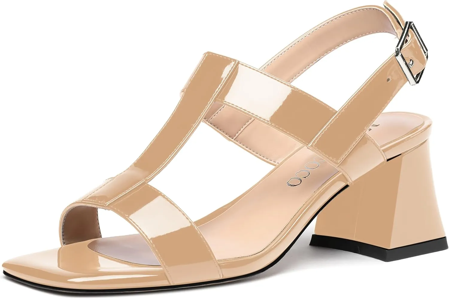 MODENCOCO Women's Strap Buckle Patent Slingback Dating Fashion Square Toe Chunky Low Heel Heeled Sandals 2 Inch