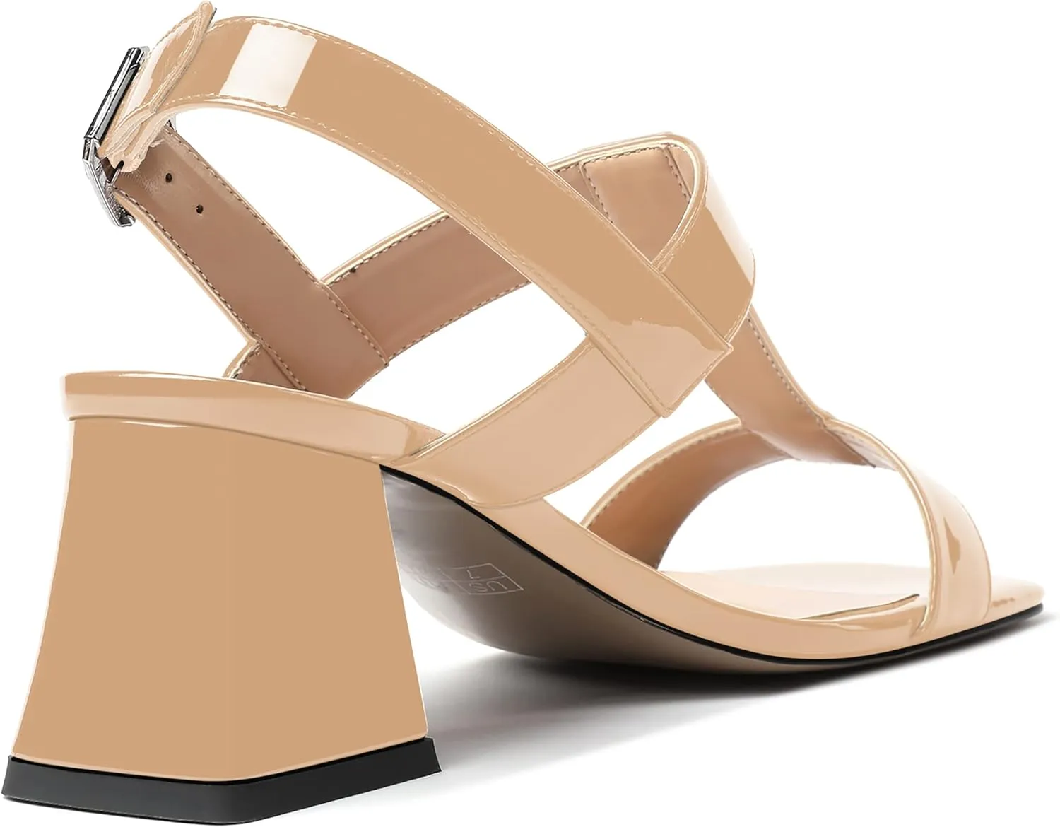 MODENCOCO Women's Strap Buckle Patent Slingback Dating Fashion Square Toe Chunky Low Heel Heeled Sandals 2 Inch