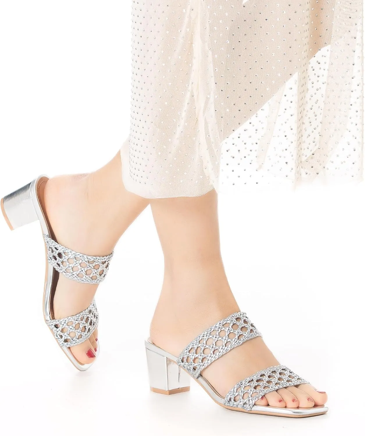 Mtzyoa Women Heels Sandals Summer Hollow Braided Strap Beach Slides Vacation Bohemian Casual Dressy Non Slip Square Toe Everyday Essentials
