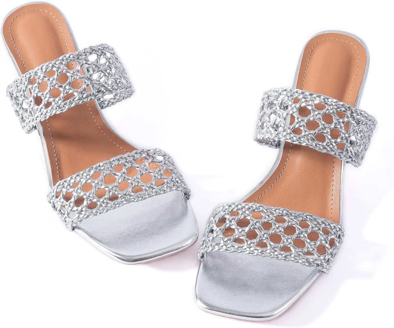 Mtzyoa Women Heels Sandals Summer Hollow Braided Strap Beach Slides Vacation Bohemian Casual Dressy Non Slip Square Toe Everyday Essentials