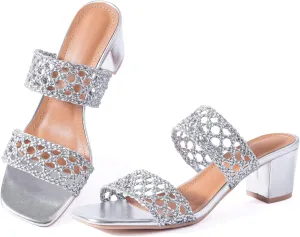 Mtzyoa Women Heels Sandals Summer Hollow Braided Strap Beach Slides Vacation Bohemian Casual Dressy Non Slip Square Toe Everyday Essentials